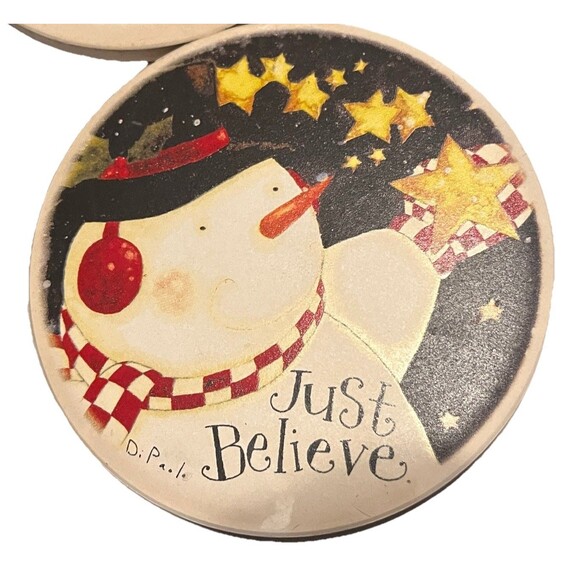 Vintage Holiday Snowman Coaster Set w Holder Just Believe Ceramic Cork Back Y2K - Picture 5 of 6